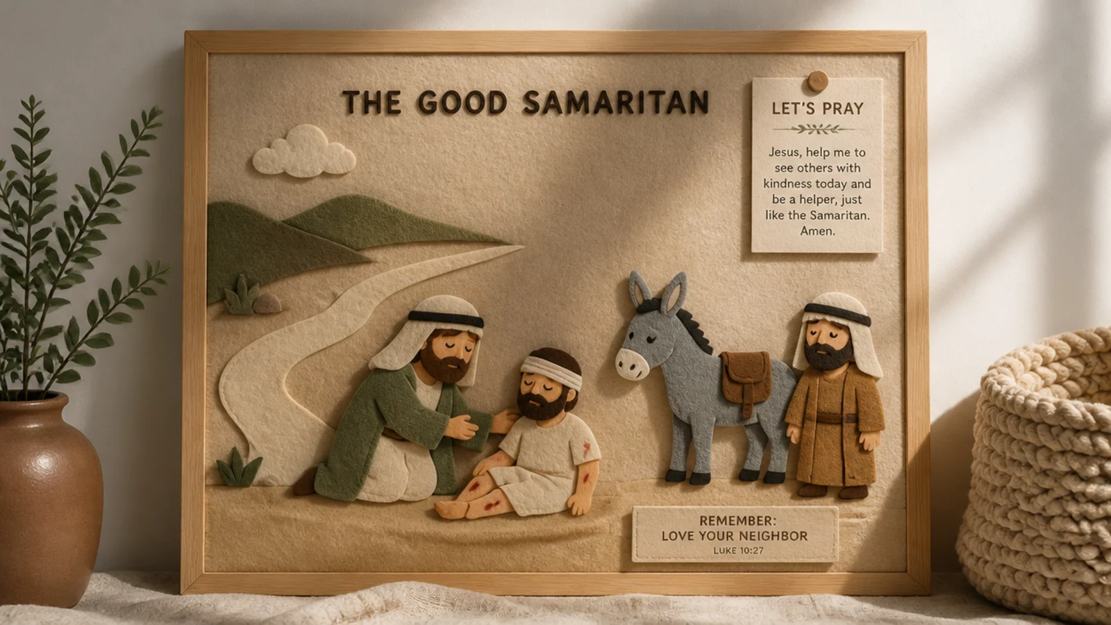 A felt board with movable Bible story figures kids use to retell a story and pray about it.