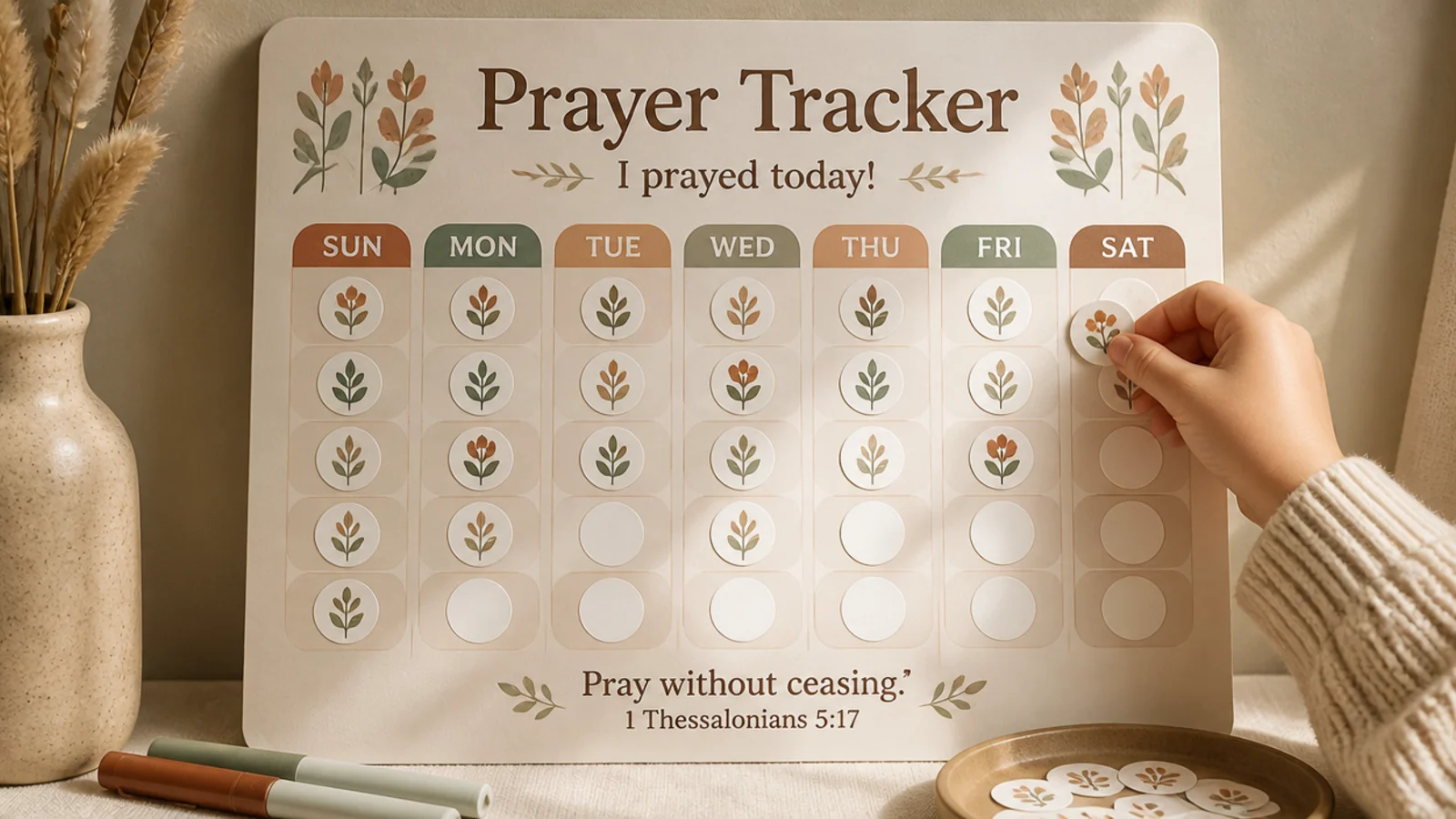 A laminated chart on a board where a child adds a sticker each day they pray.
