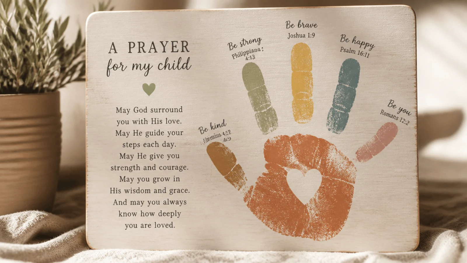 A board featuring a child's painted handprint with a prayer written on each finger.