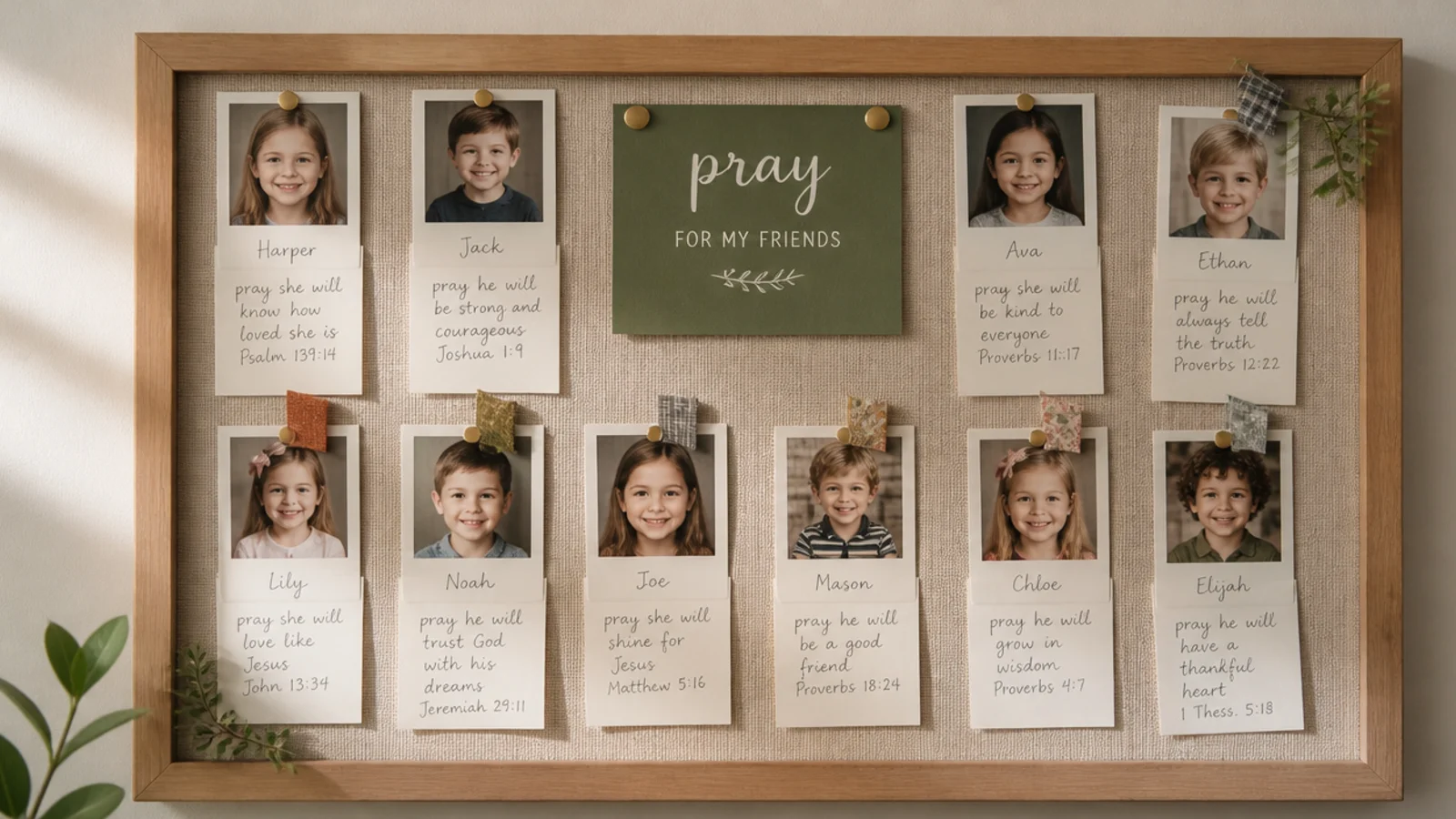 A board with photos of a child's friends and classmates, each with a simple prayer.