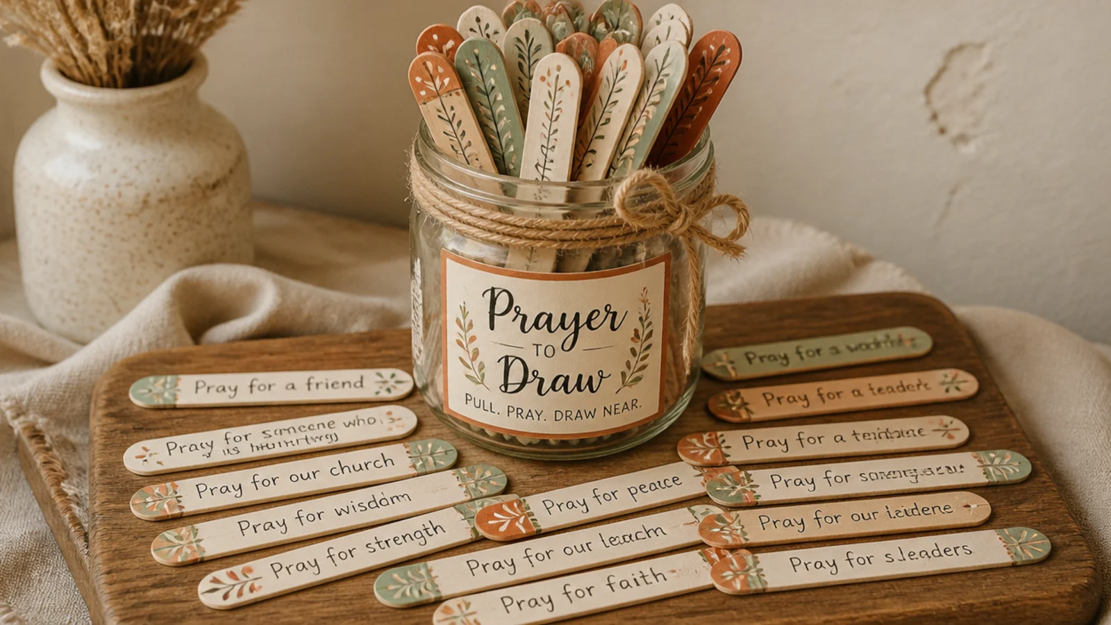 A jar on a board full of decorated craft sticks, each with a simple prayer prompt to draw.
