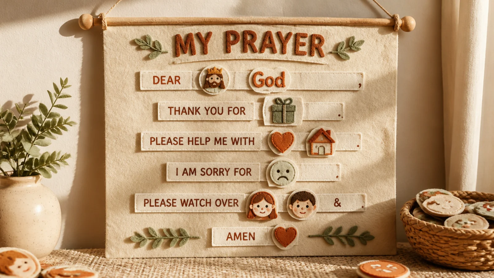 A felt board with movable felt shapes kids arrange to build their prayer each night.