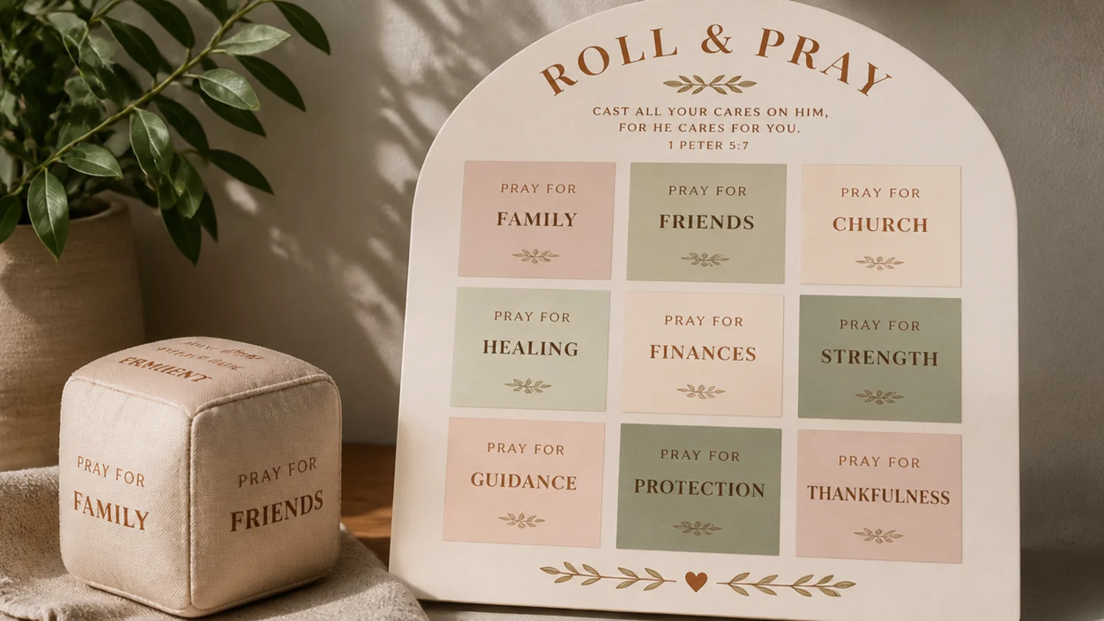 A soft fabric cube by a board with a prayer topic on each side, rolled to choose what to pray.