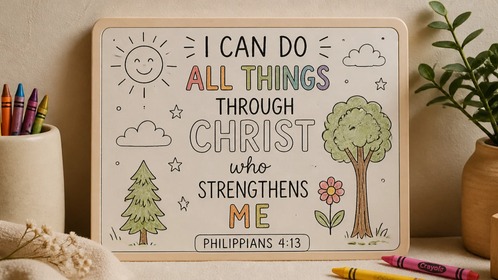 A board with a coloring-page Bible verse a child colors while learning it.