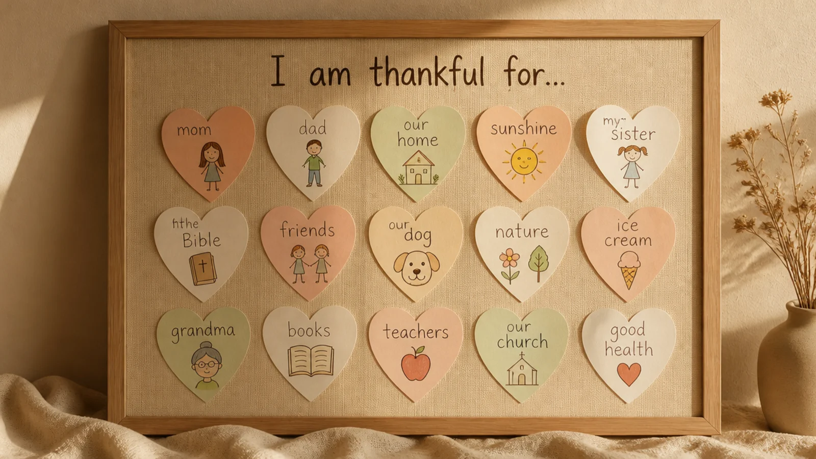 A board covered in paper hearts, each with a drawing or word of something a child is thankful for.