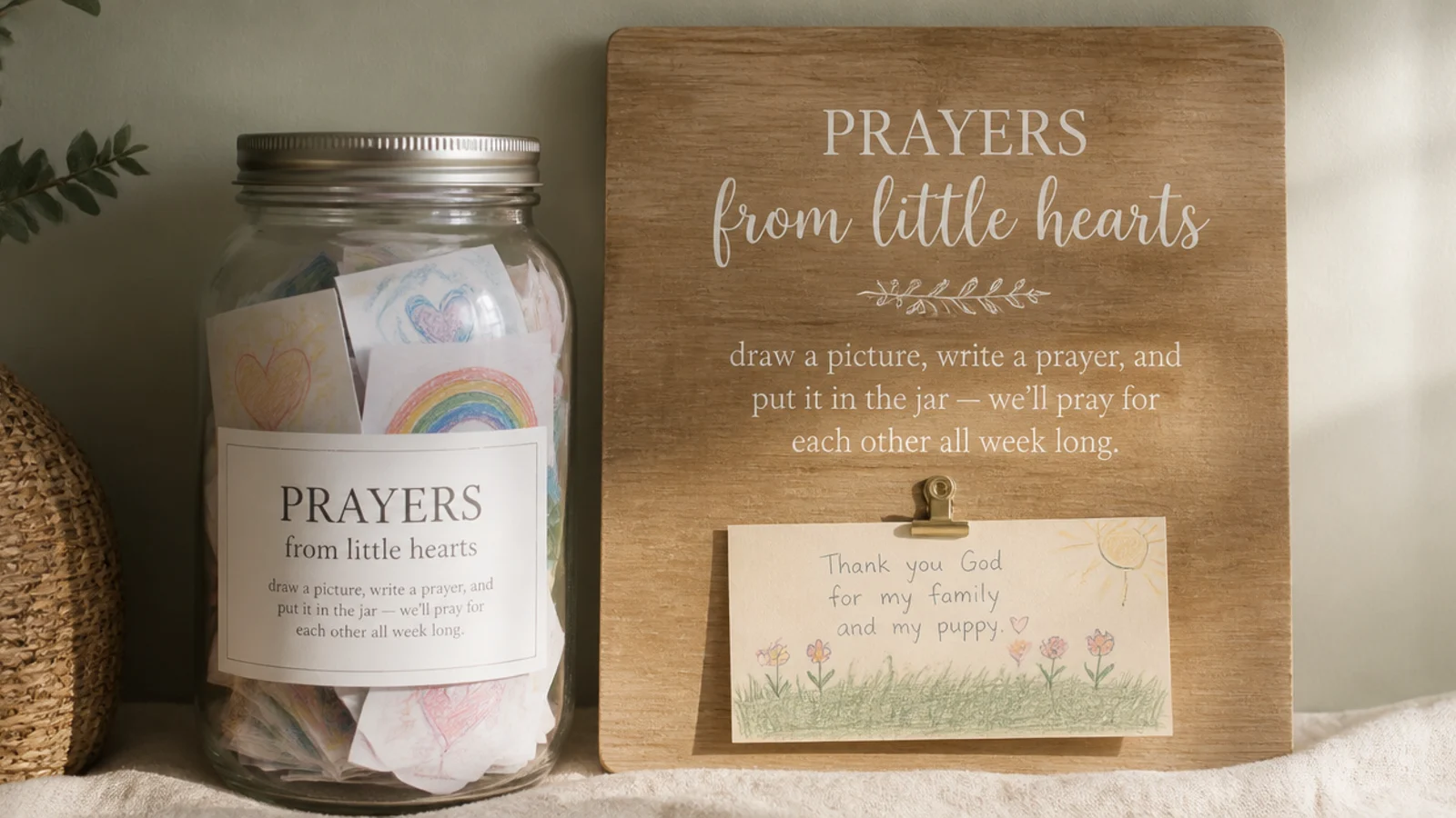 A jar by a board holding a child's folded drawings and prayers, ready to pull and pray.