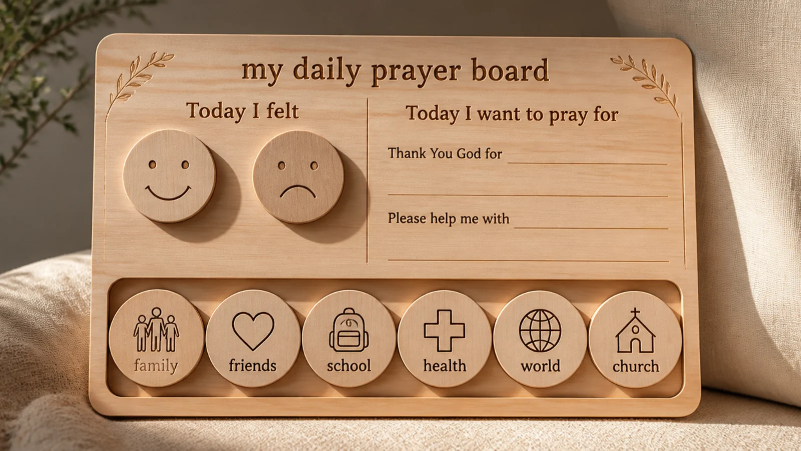 A board with happy and sad face cards a child moves to show and pray about their day.