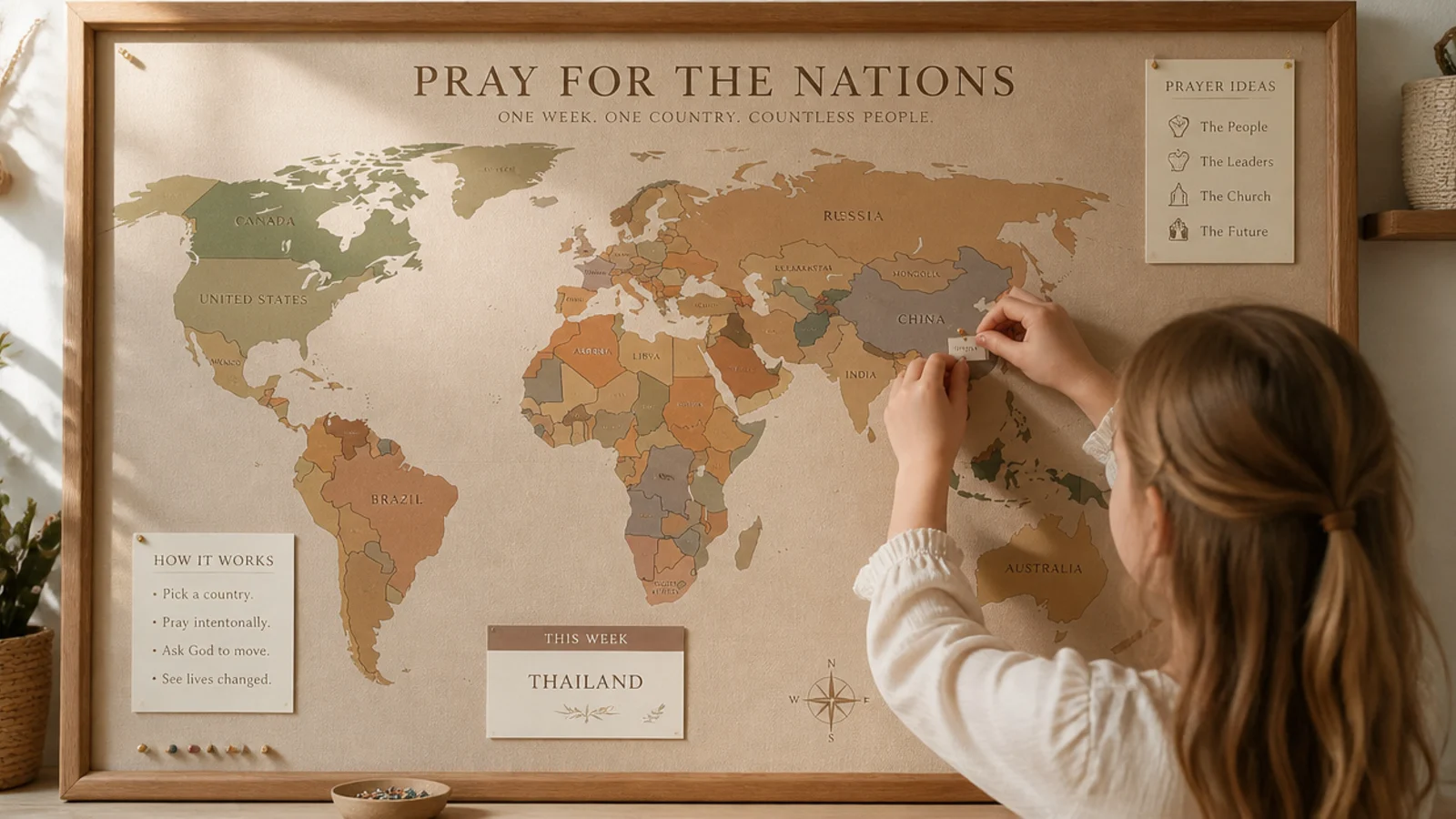 A colorful world map on a board where a child pins a country to pray for each week.