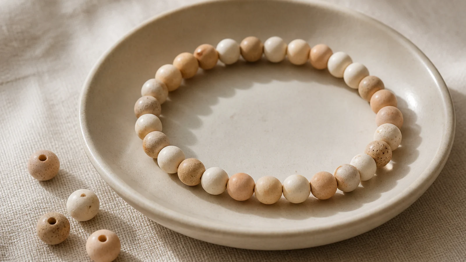 A tonal clay bead bracelet in soft sand, cream, and oatmeal shades blended in a gentle random mix.