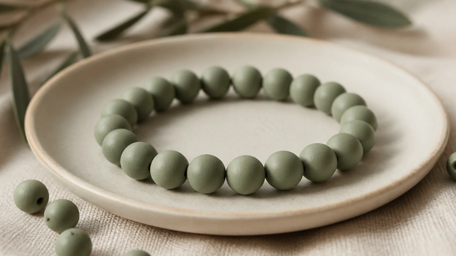 A single-color clay bead bracelet in soft matte sage green with no other beads or accents.