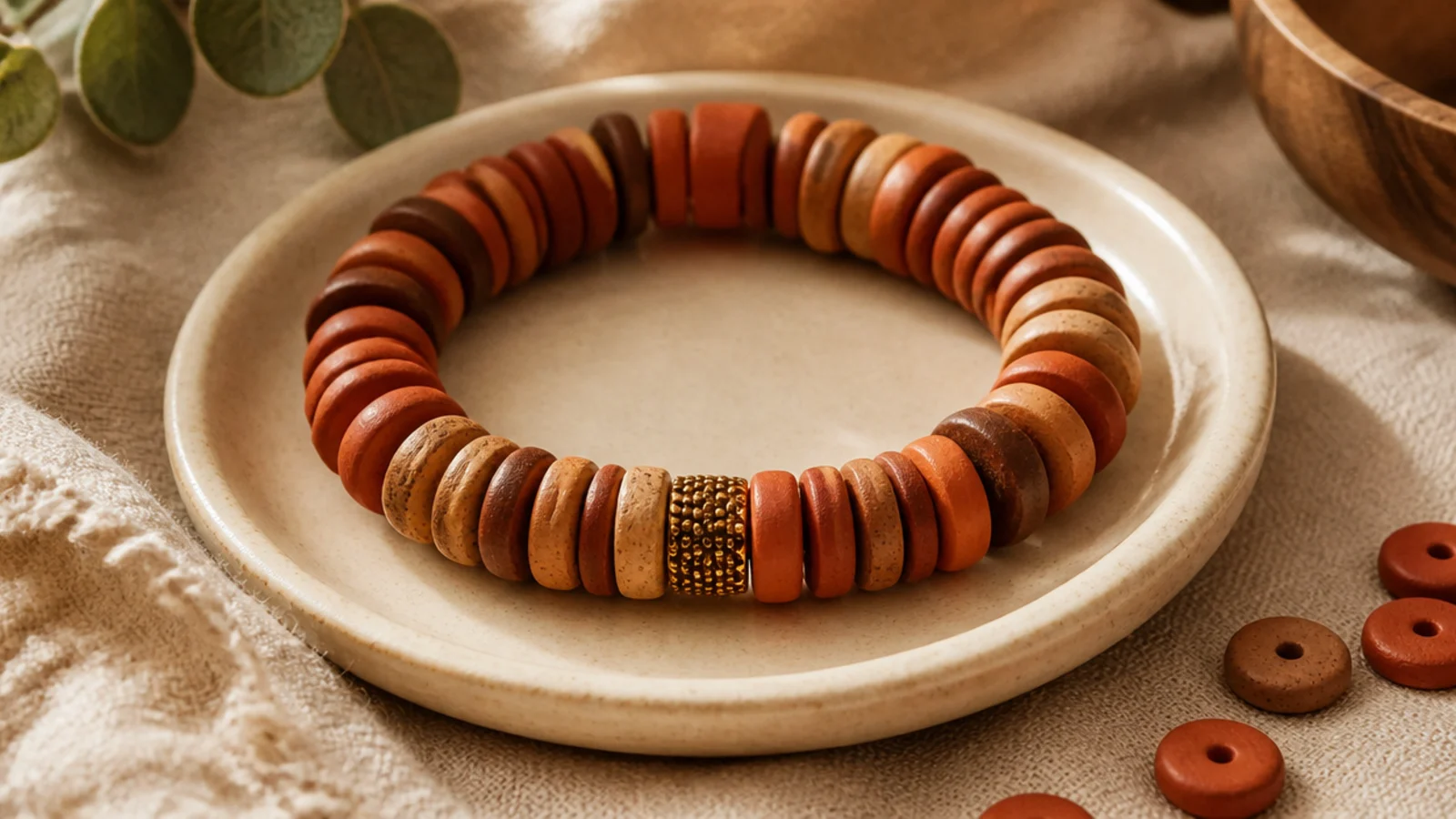 A clay bead bracelet blending terracotta, rust, and warm clay-brown disc beads in an earthy mix.