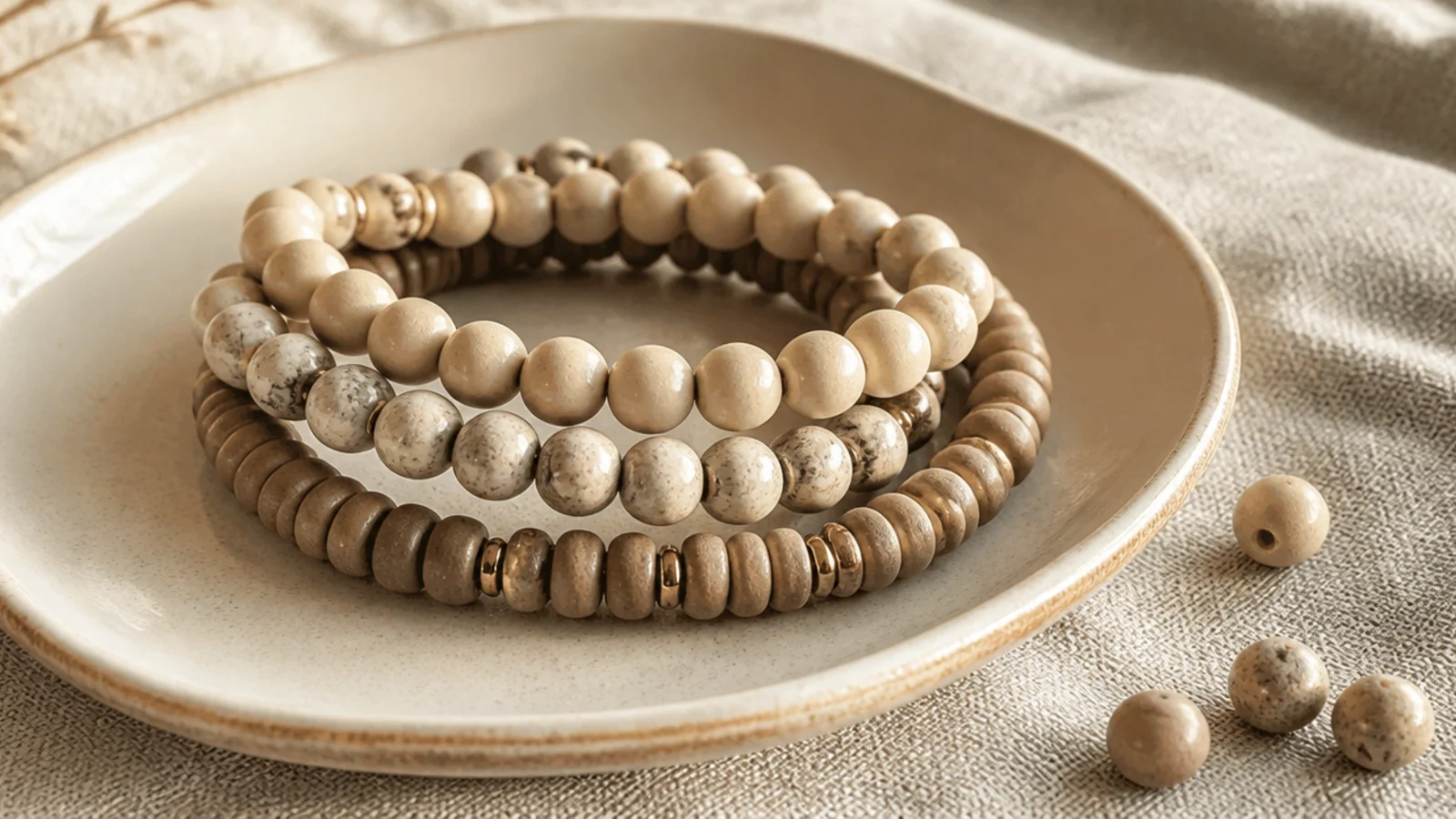 Three coordinating clay bead bracelets all in beige and taupe tones, shown stacked together.