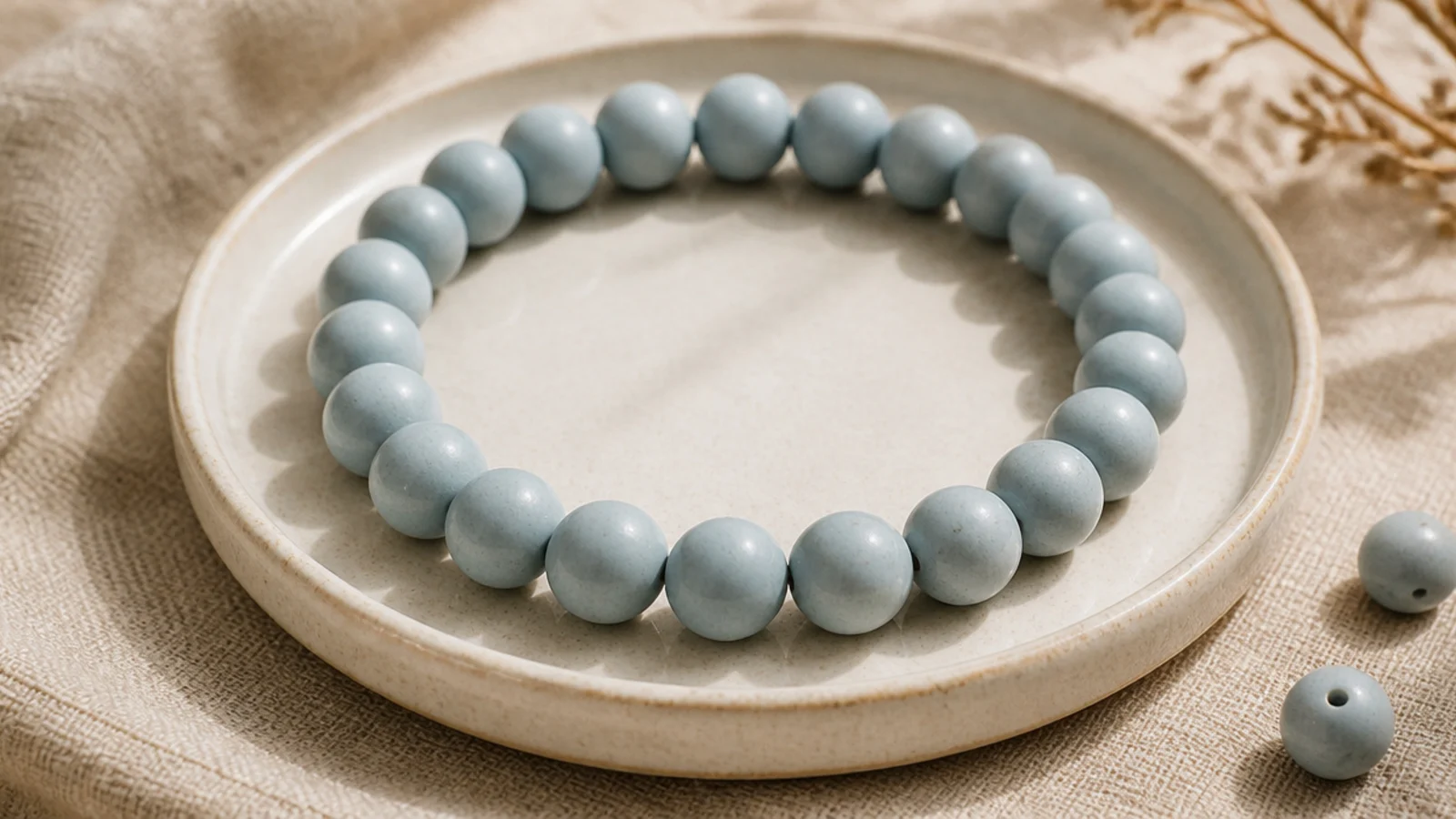 A solid clay bead bracelet in a soft, muted dusty blue with a smooth even finish.