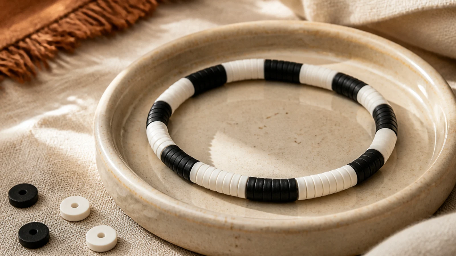A clay bead bracelet in a clean pattern of black and white disc beads in short alternating blocks.
