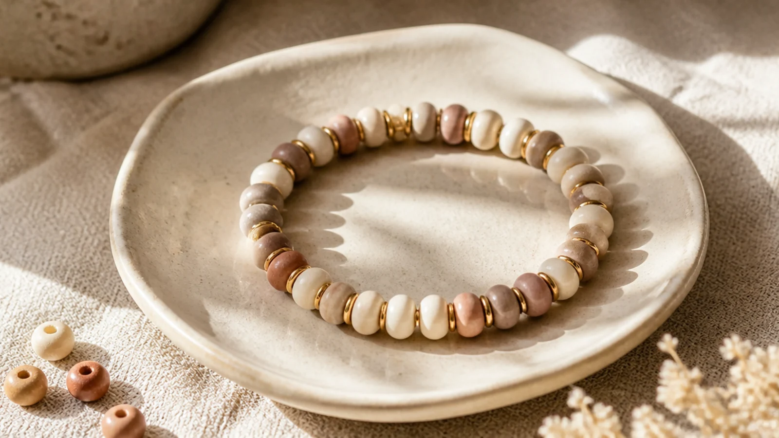A neutral cream and taupe clay bead bracelet with tiny gold rondelle spacers evenly spaced throughout.