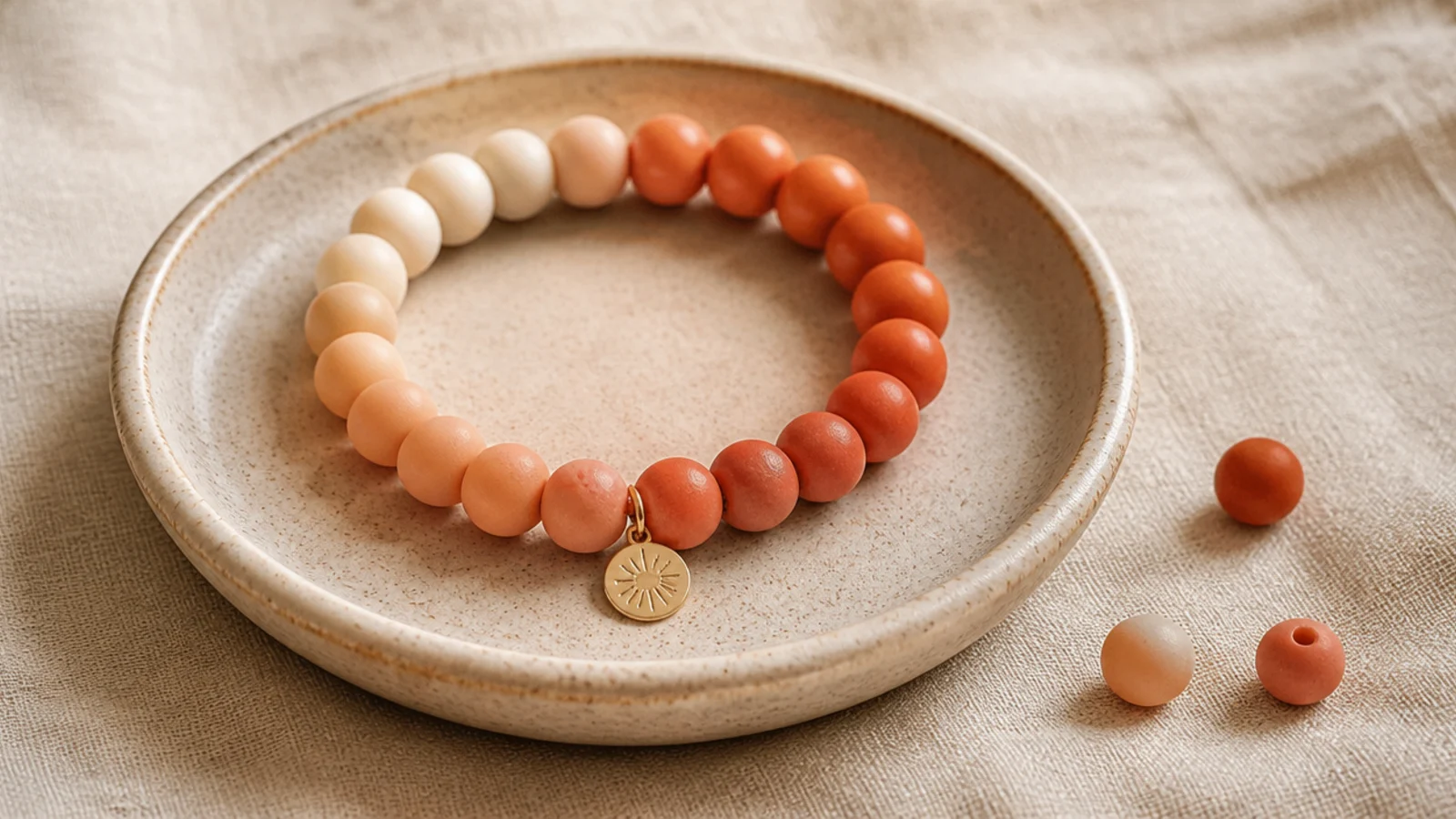 A clay bead bracelet fading from cream through peach and coral to warm terracotta in a smooth gradient.