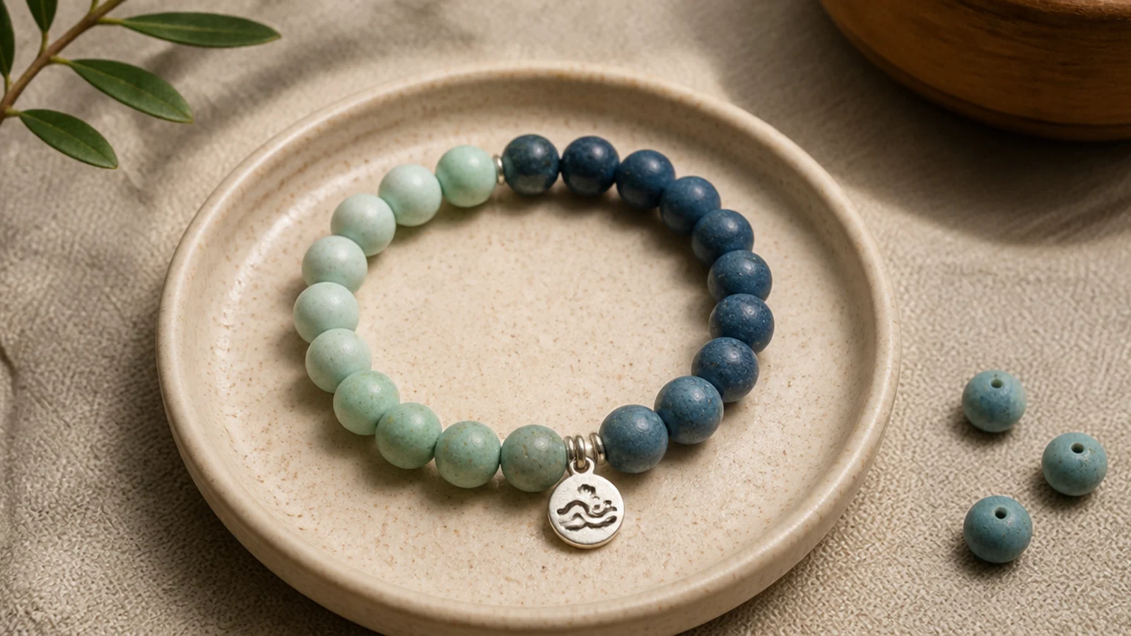A clay bead bracelet fading from pale seafoam through dusty blue to deep navy in a cool gradient.