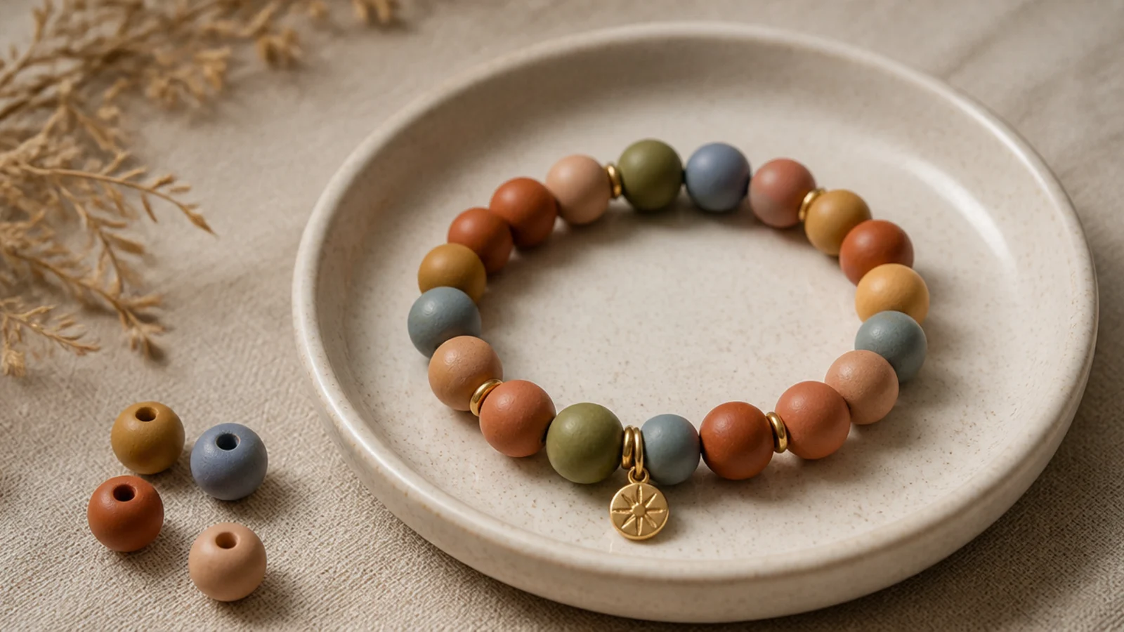 A clay bead bracelet in a muted, dusty rainbow of terracotta, mustard, sage, and dusty blue.