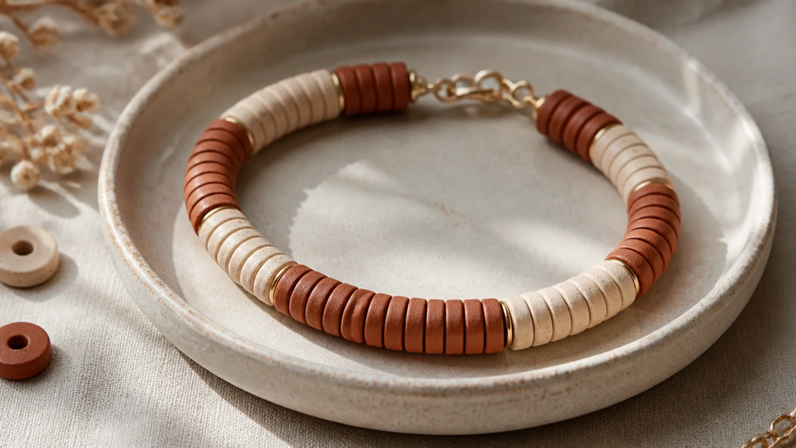 A clay bead bracelet alternating warm coffee-brown and cream disc beads in short blocks.