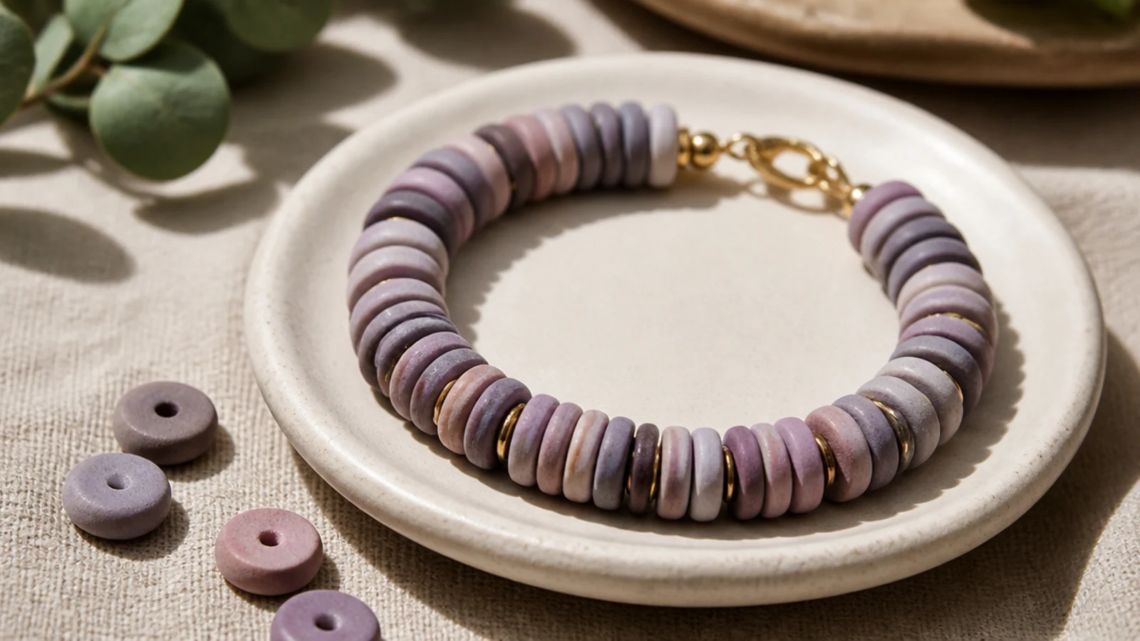 A tonal clay bead bracelet blending soft lavender, mauve, and greyed-lilac disc beads.