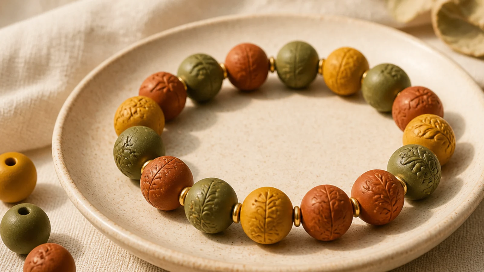 A clay bead bracelet in olive green, rust orange, and mustard tones in an autumnal mix.