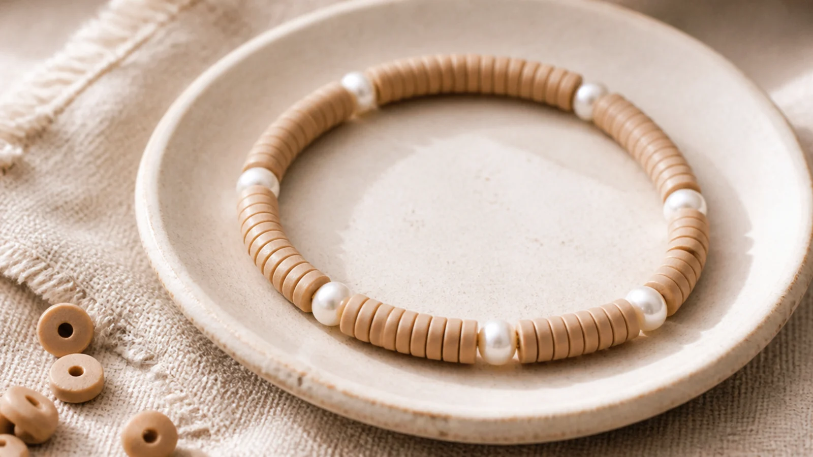 A beige clay bead bracelet with small round freshwater-style pearls spaced evenly among the discs.
