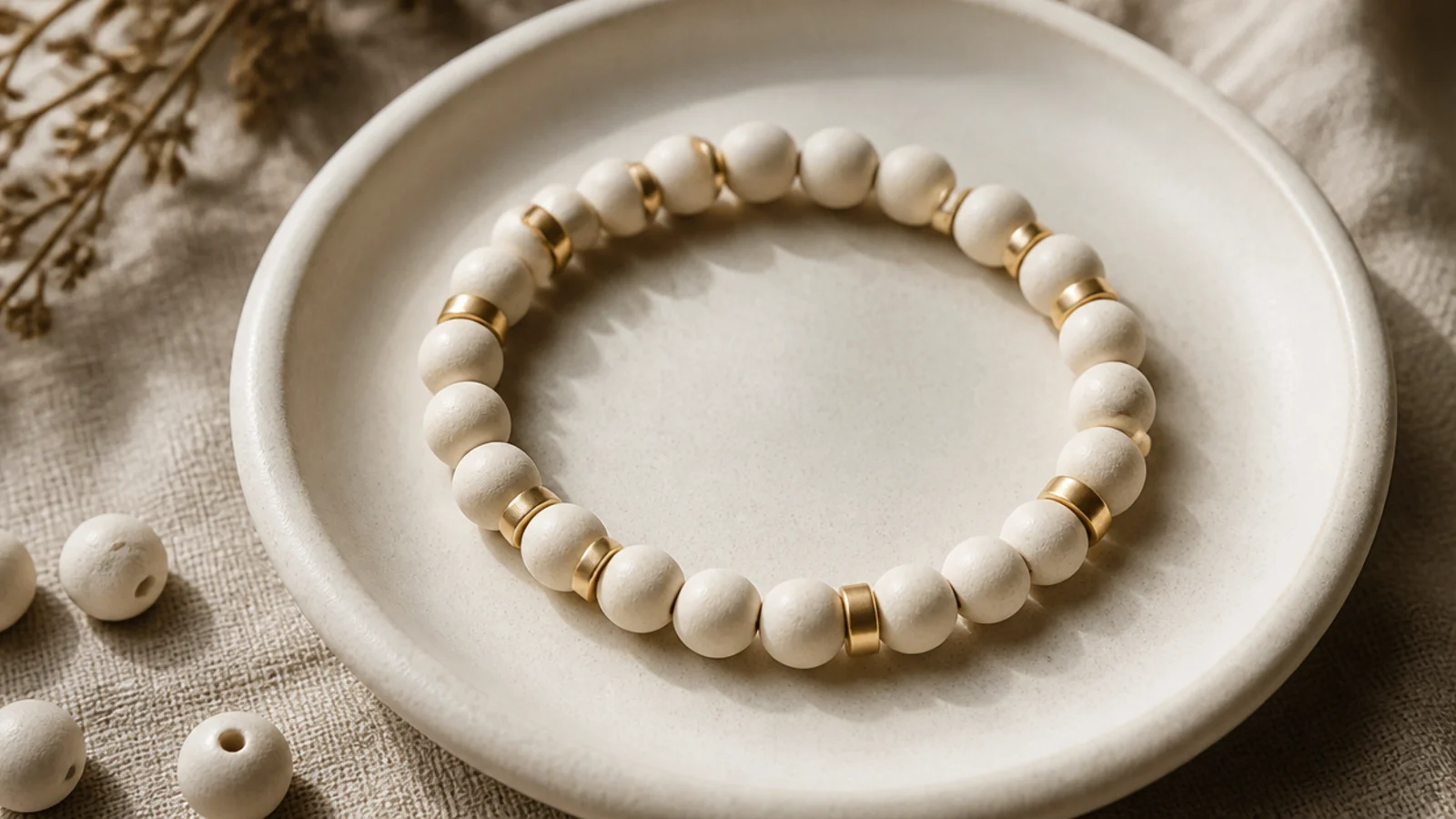 A solid cream clay bead bracelet with slim gold tube spacers placed at even intervals.