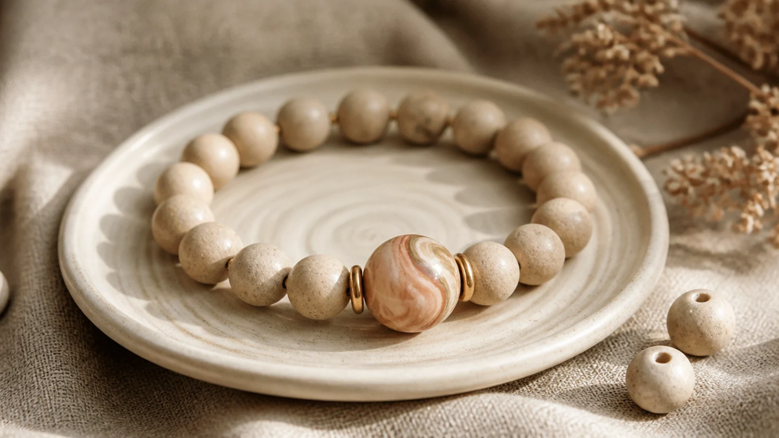 A neutral clay bead bracelet with a single larger marbled swirl clay bead as the front focal.