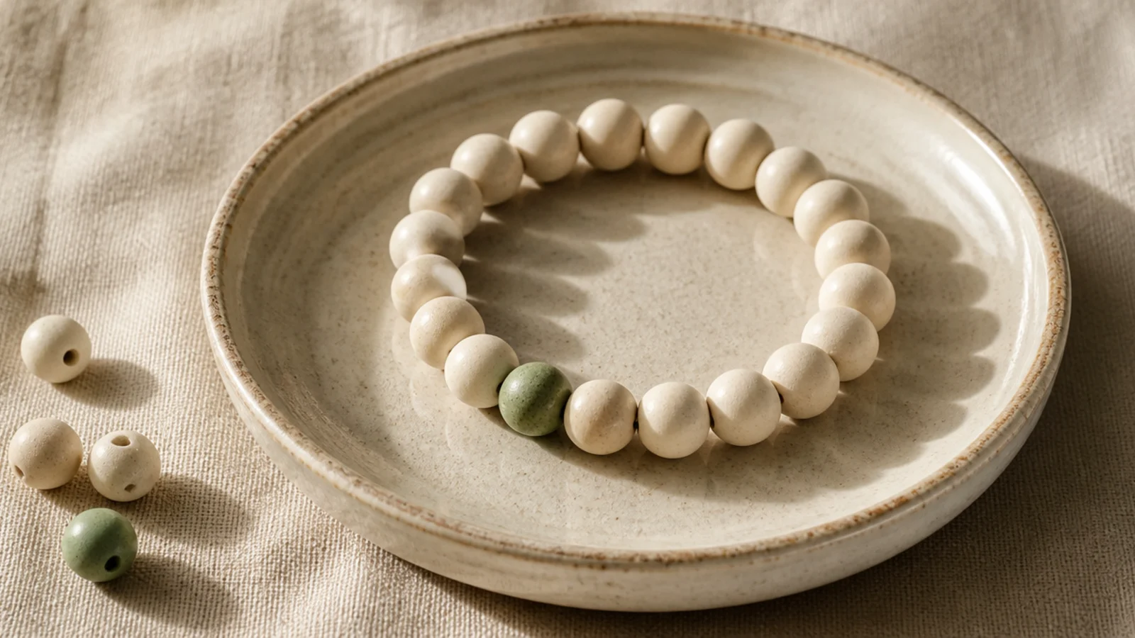 A cream clay bead bracelet with a single contrasting sage bead as the only accent on the band.