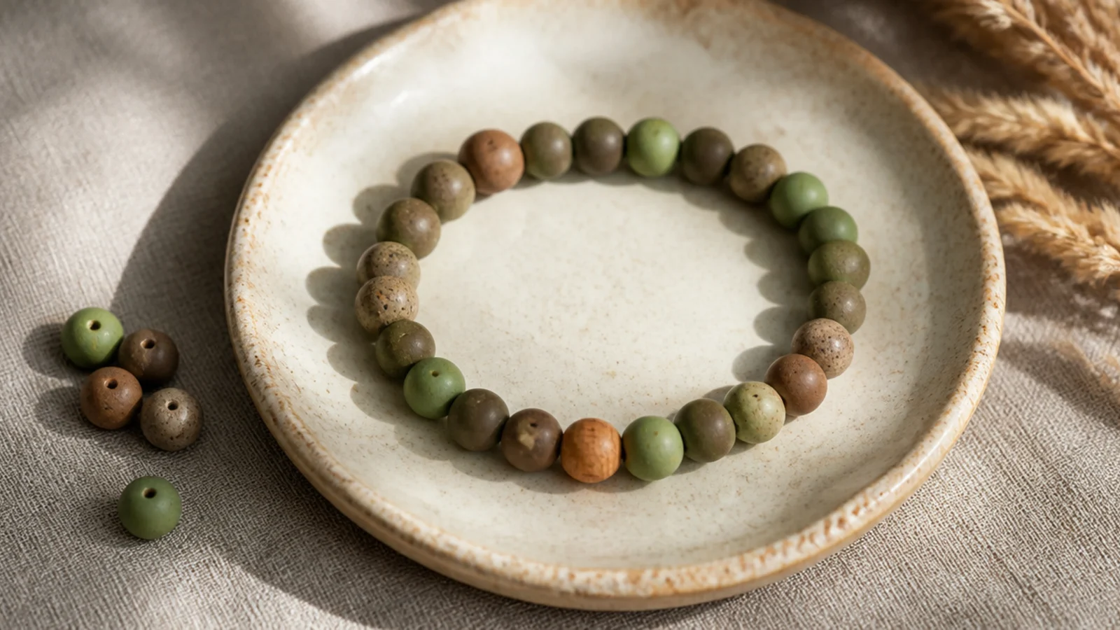 A clay bead bracelet in woodland tones of mushroom brown and sage green with a small wooden bead accent.