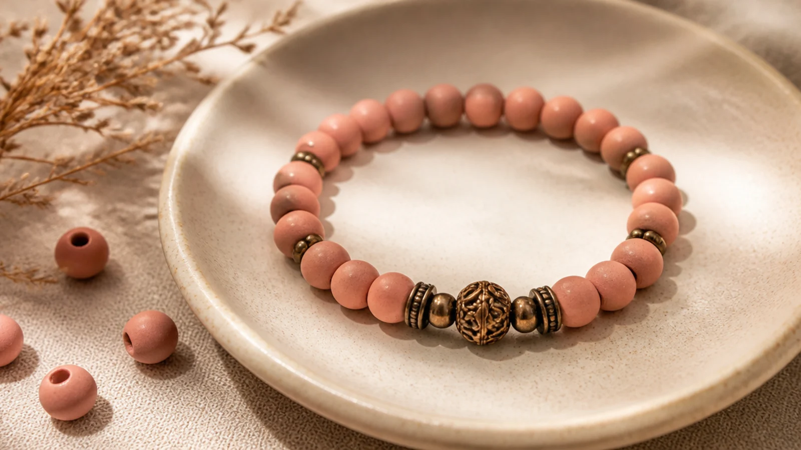 A soft blush-pink clay bead bracelet with warm bronze metallic spacer beads throughout.