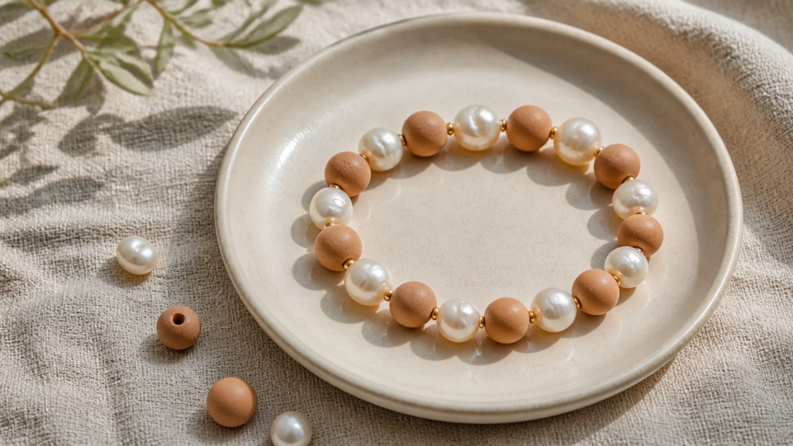 A neutral clay bead bracelet mixed evenly with irregular freshwater-style pearls for texture.