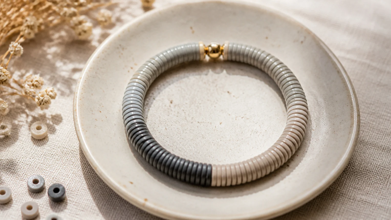 A tonal clay bead bracelet blending soft dove grey, greige, and charcoal disc beads.