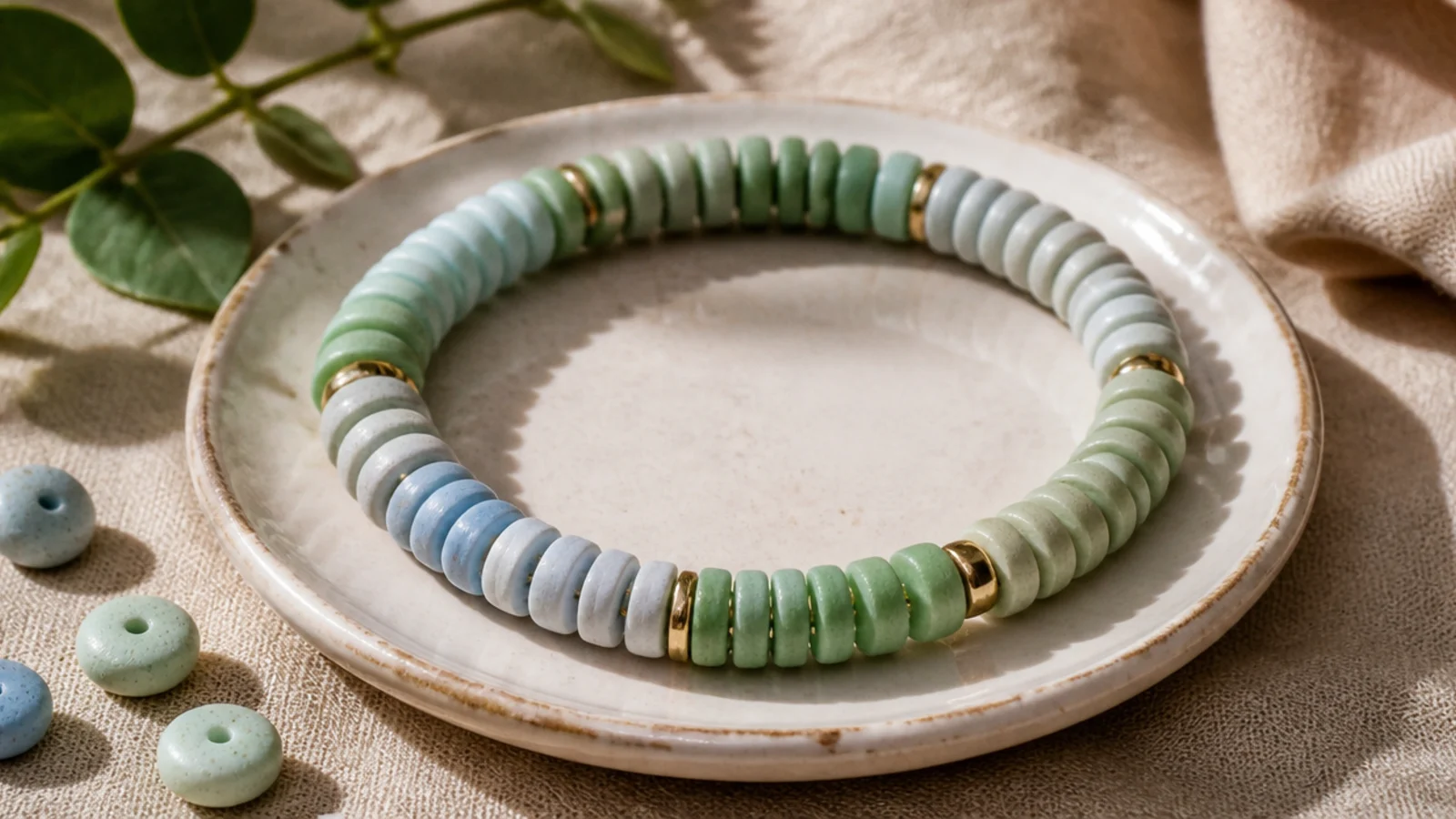 A clay bead bracelet blending soft sea-glass green, aqua, and pale blue disc beads.