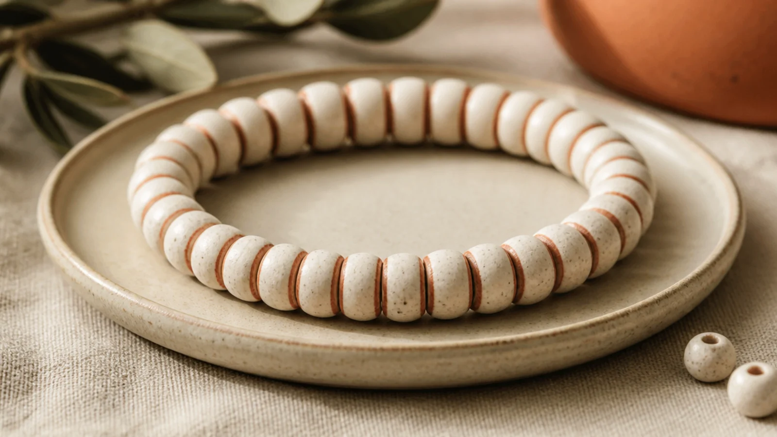 A cream clay bead bracelet with two evenly spaced thin terracotta stripes wrapping the band.