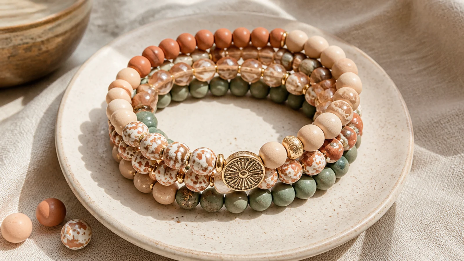 Five coordinating clay bead bracelets in a warm neutral palette shown layered together on a wrist.