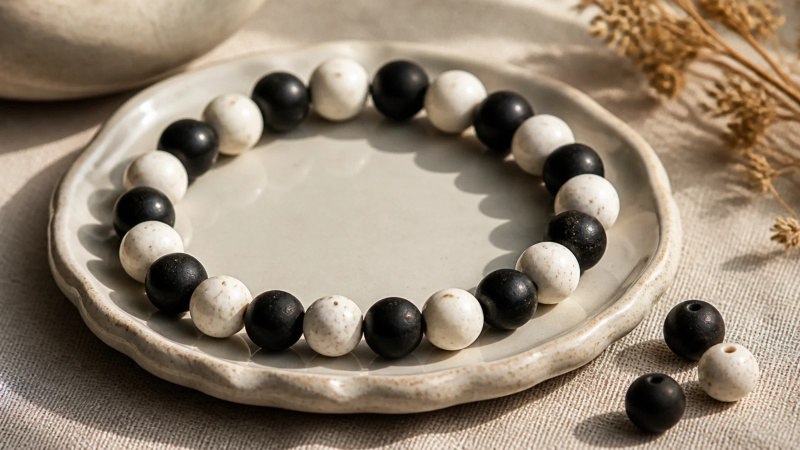 A clay bead bracelet alternating black and white beads in a simple, clean pattern.