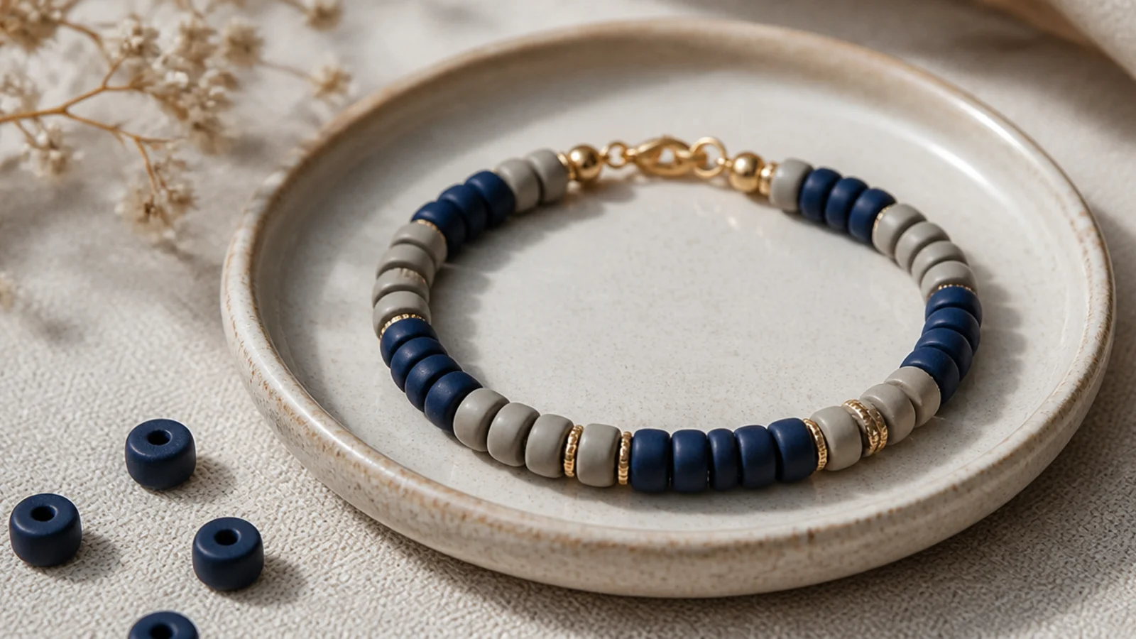 A clay bead bracelet in navy and grey beads arranged in short alternating blocks.