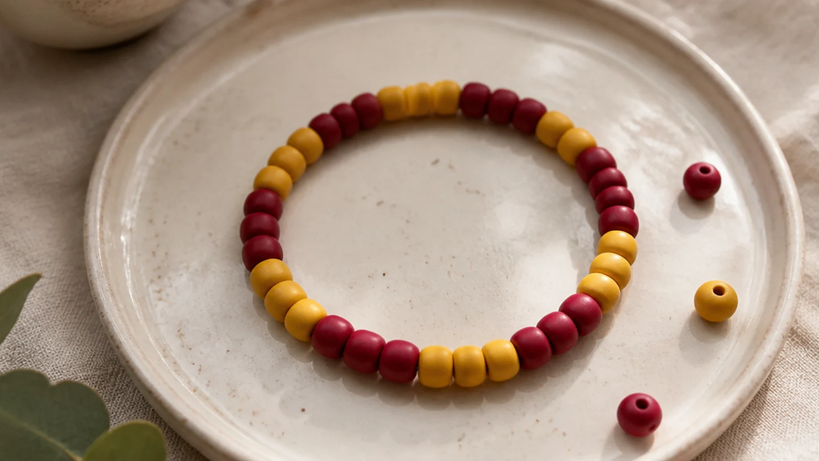 A clay bead bracelet in two team colors, red and gold, in alternating blocks.