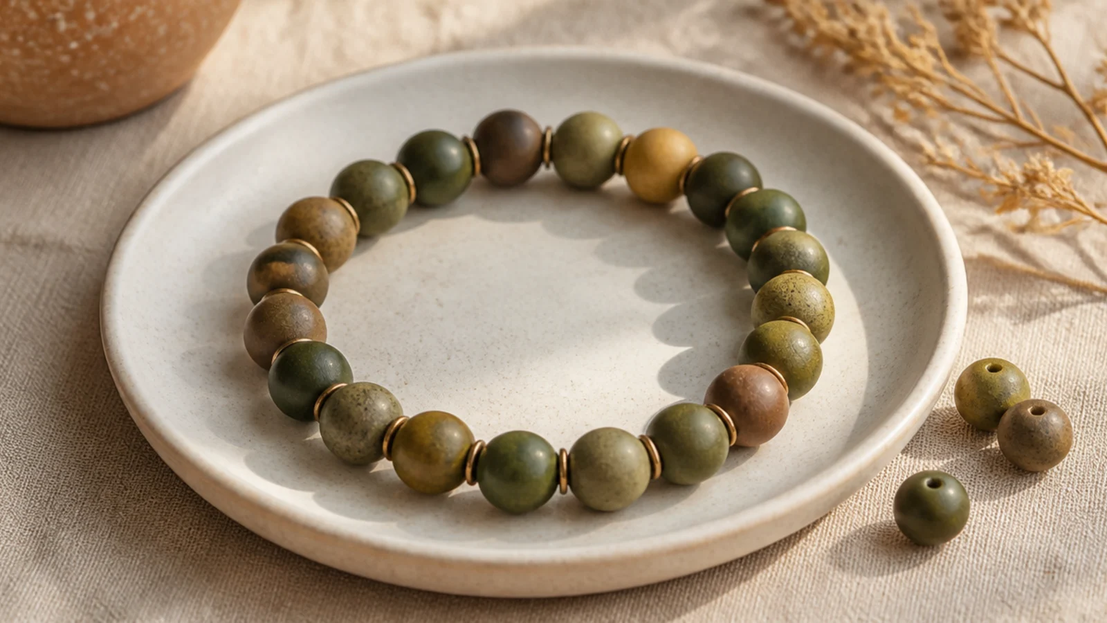 A clay bead bracelet in a random mix of olive, khaki, brown, and dark green like camouflage.