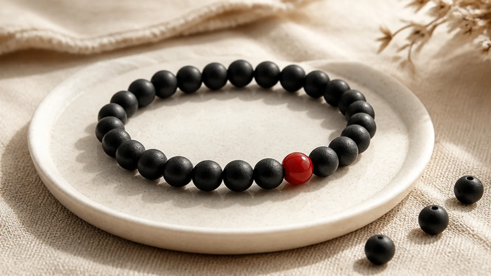 A solid black clay bead bracelet with a single bright red accent bead off-center.