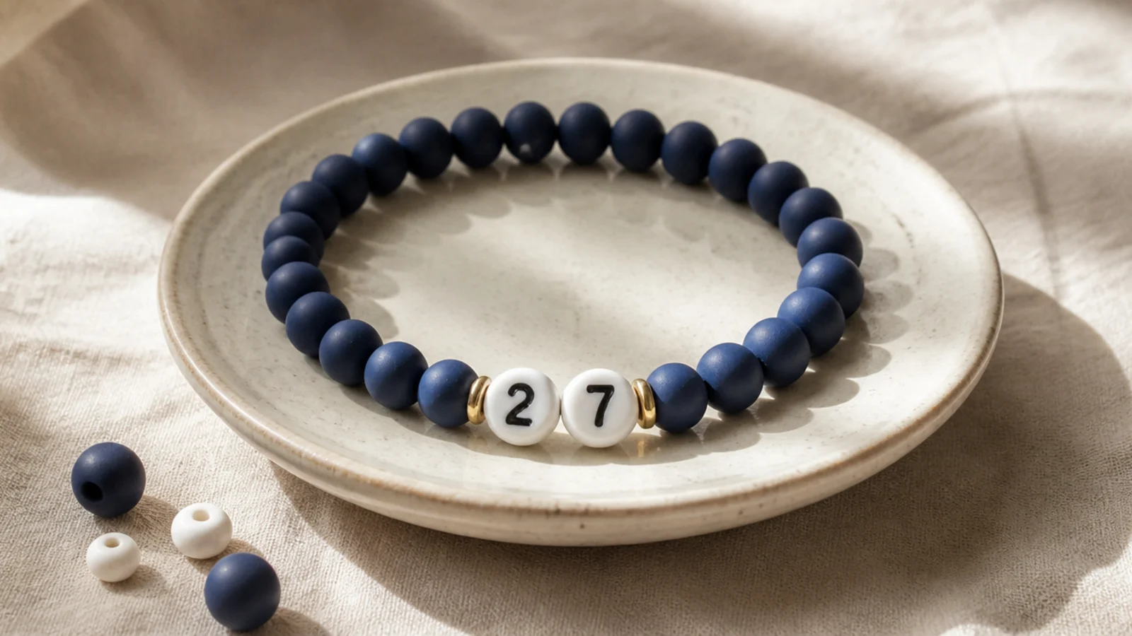 A navy clay bead bracelet with white number beads showing a jersey number at the front.