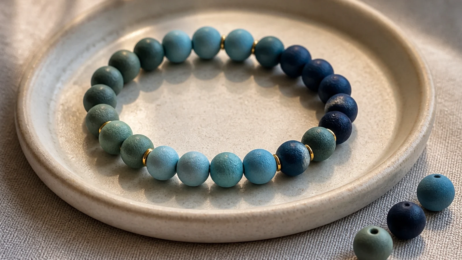 A clay bead bracelet blending several shades of blue from teal to deep navy.