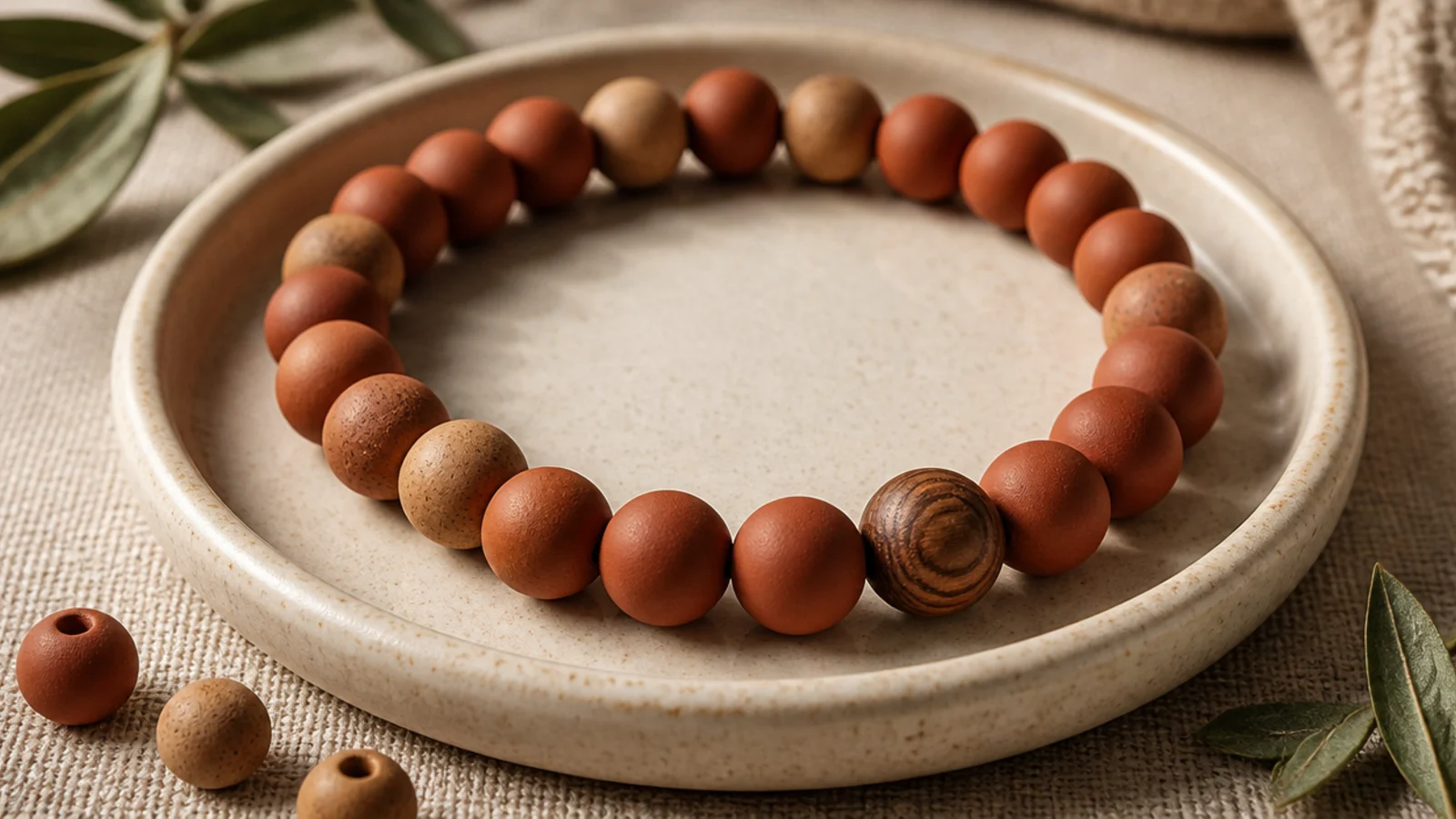A clay bead bracelet in warm brown and tan beads with a single wooden bead accent.
