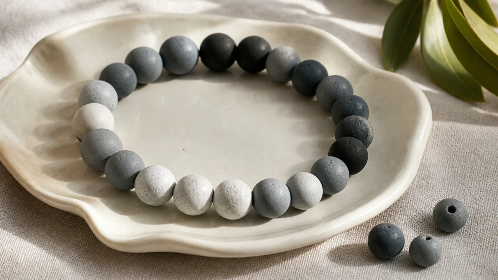 A clay bead bracelet mixing light grey, mid grey, and charcoal beads in a tonal blend.