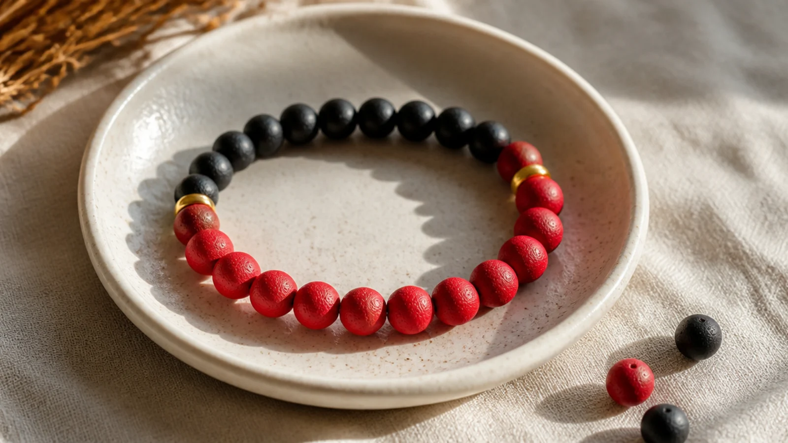 A clay bead bracelet in bold black and red beads arranged in strong blocks.