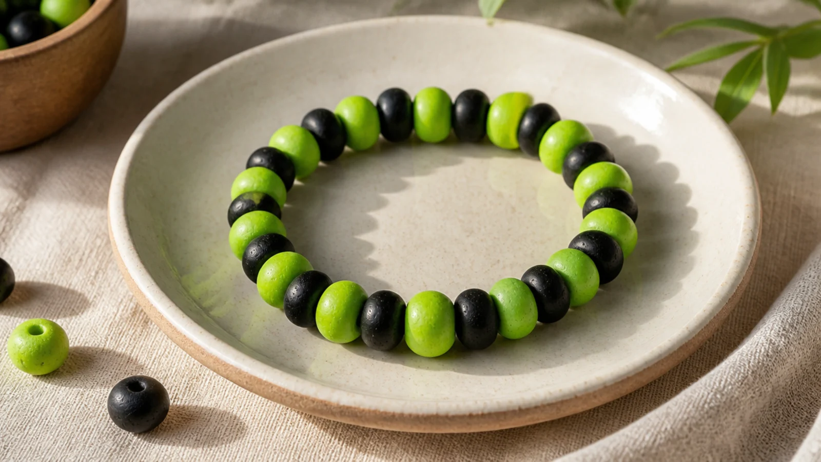 A clay bead bracelet in neon-ish green and black beads in an alternating pattern.