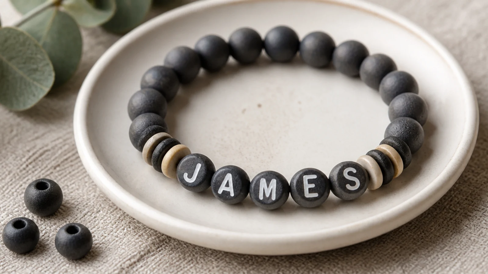 A dark grey clay bead bracelet spelling a short boy's name in white letter beads.