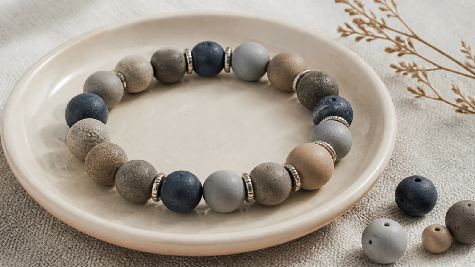A clay bead bracelet in stone grey, slate blue, and taupe cool neutral beads.