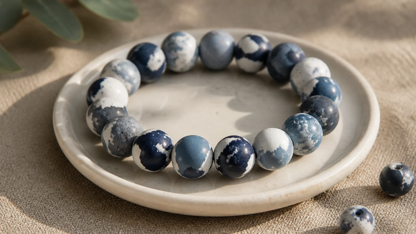 A clay bead bracelet in a random mix of navy, mid blue, grey, and white like blue camouflage.